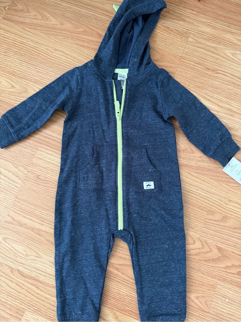Brand new Carter's Navy Hooded One-Piece Romper with Lime Zip 9 months